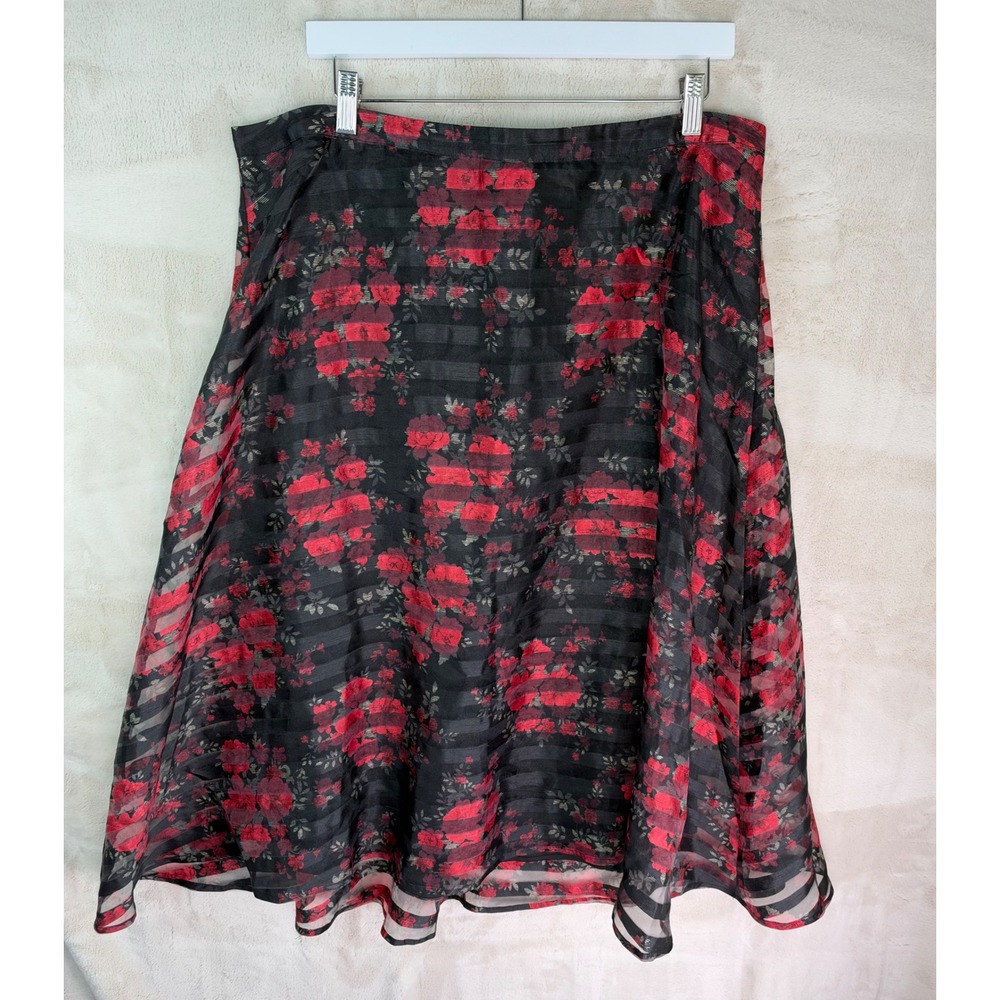 Torrid Womens Black Red Floral Shadow Stripe A-Line Midi Skirt Plus Size 14